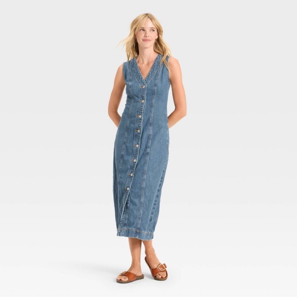 Women's Denim Button-Down Ankle Dress - Universal Thread Medium Wash - Picture 2 of 3